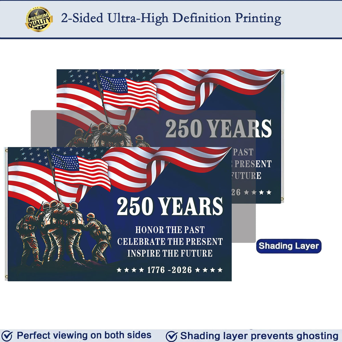 KARAVA 250th Anniversary American Flag back view showing mirrored print for outdoor visibility.
