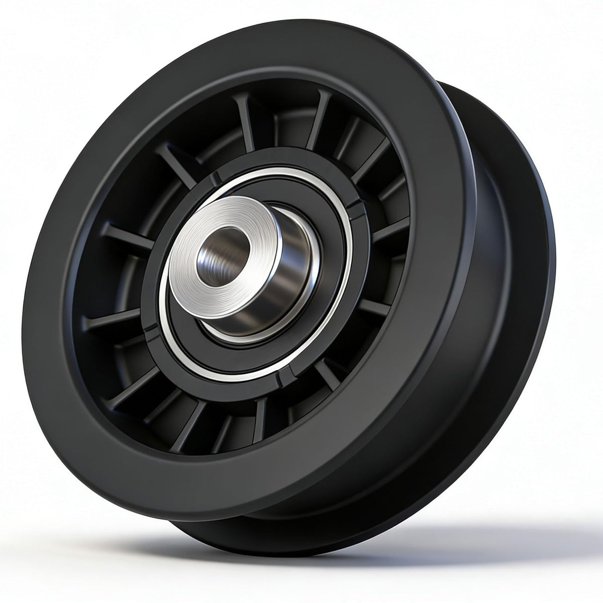 Karbay flat idler pulley side view highlights compact design for quick replacement.