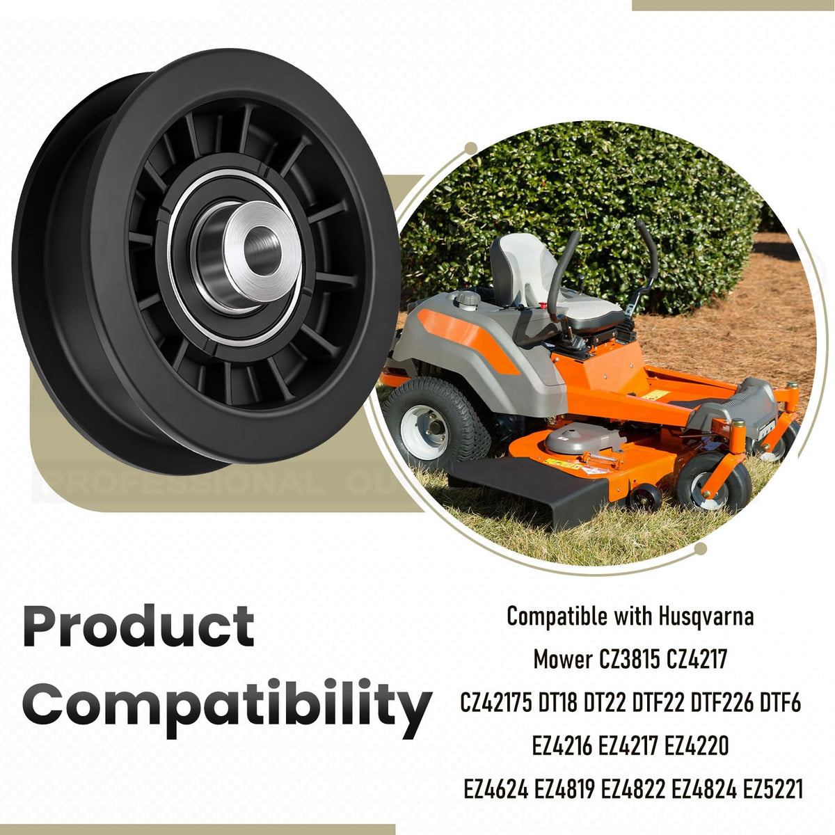 Karbay flat idler pulley in mower setup demonstrates easy installation.
