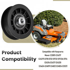 Karbay flat idler pulley in mower setup demonstrates easy installation.