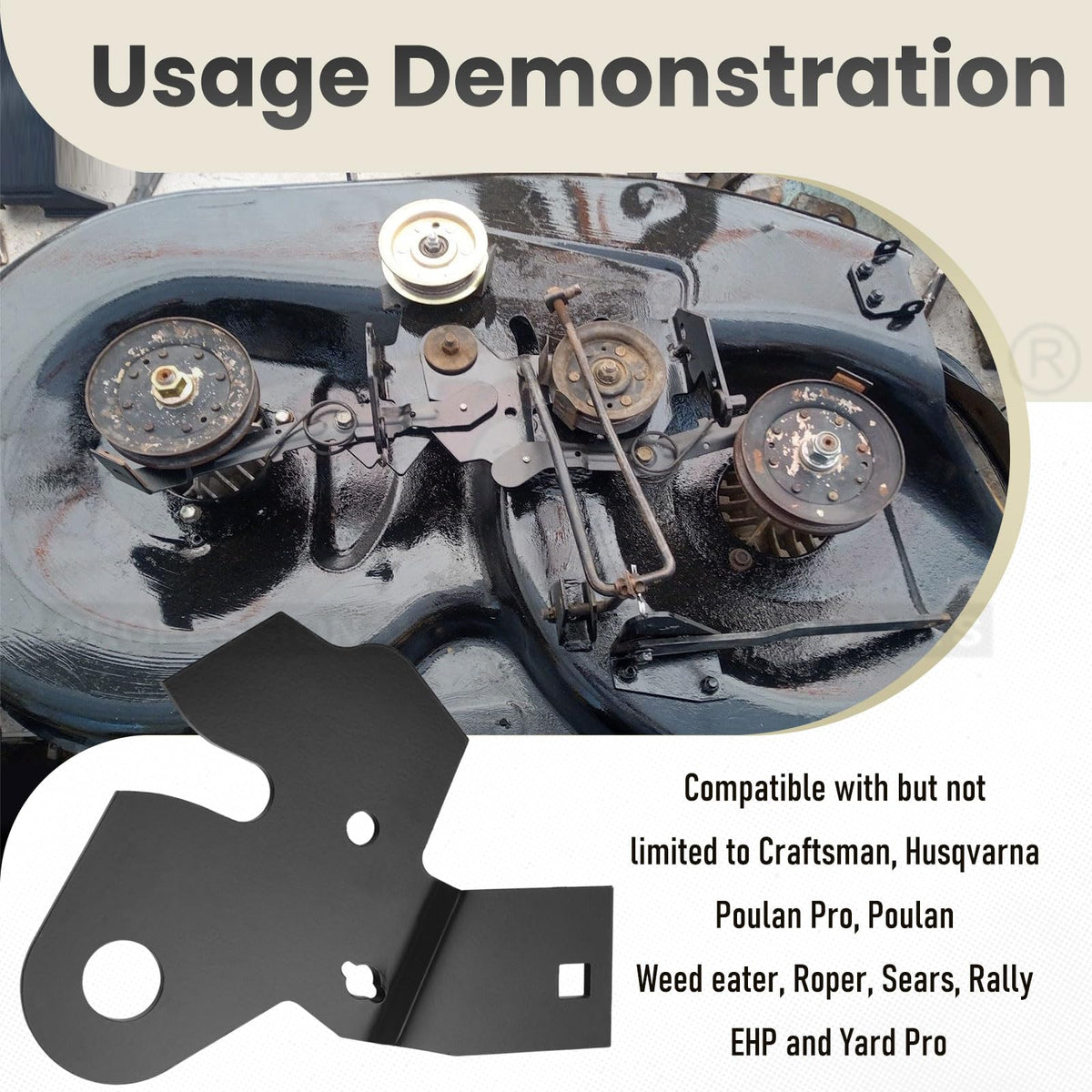 Karbay idler arm detail supports stable belt action during mowing.