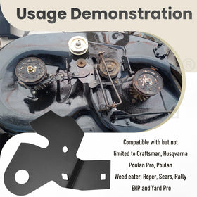 Karbay idler arm detail supports stable belt action during mowing.