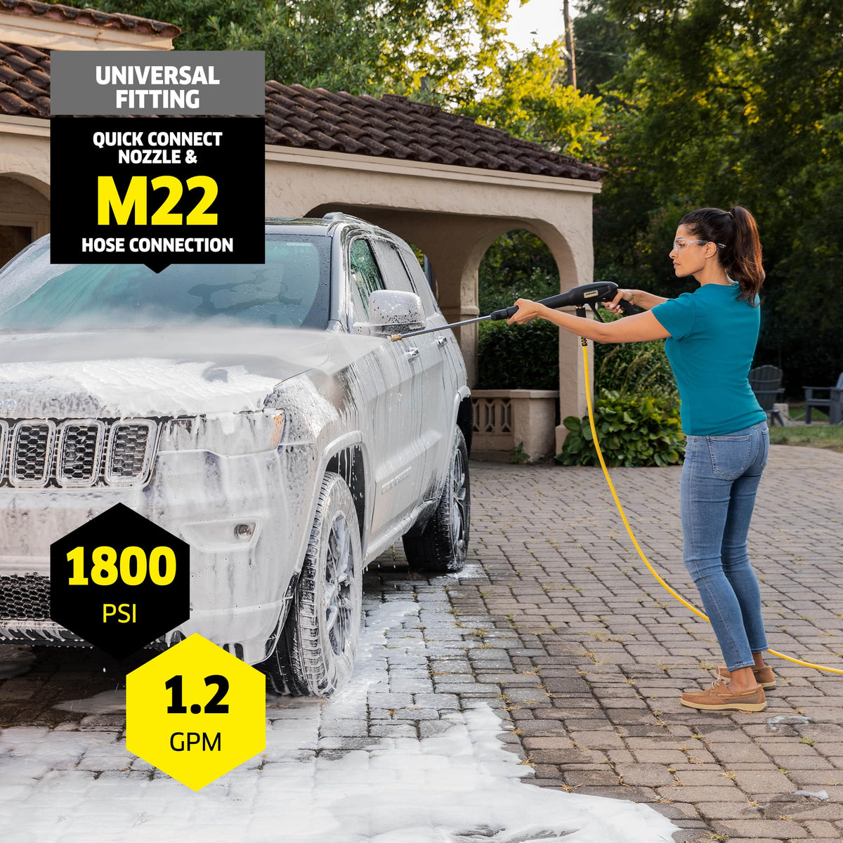 Kärcher K1800 Cube in use washing a car exterior with precise spray.
