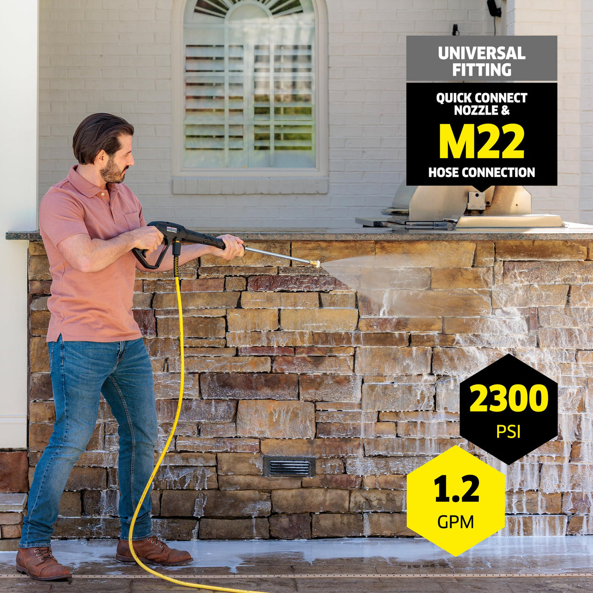 Kärcher K2300PS 45-degree nozzle widens coverage on decks and driveways.