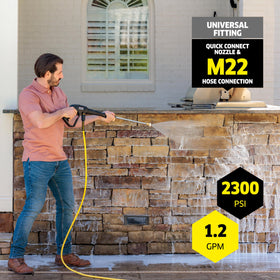 Kärcher K2300PS 45-degree nozzle widens coverage on decks and driveways.