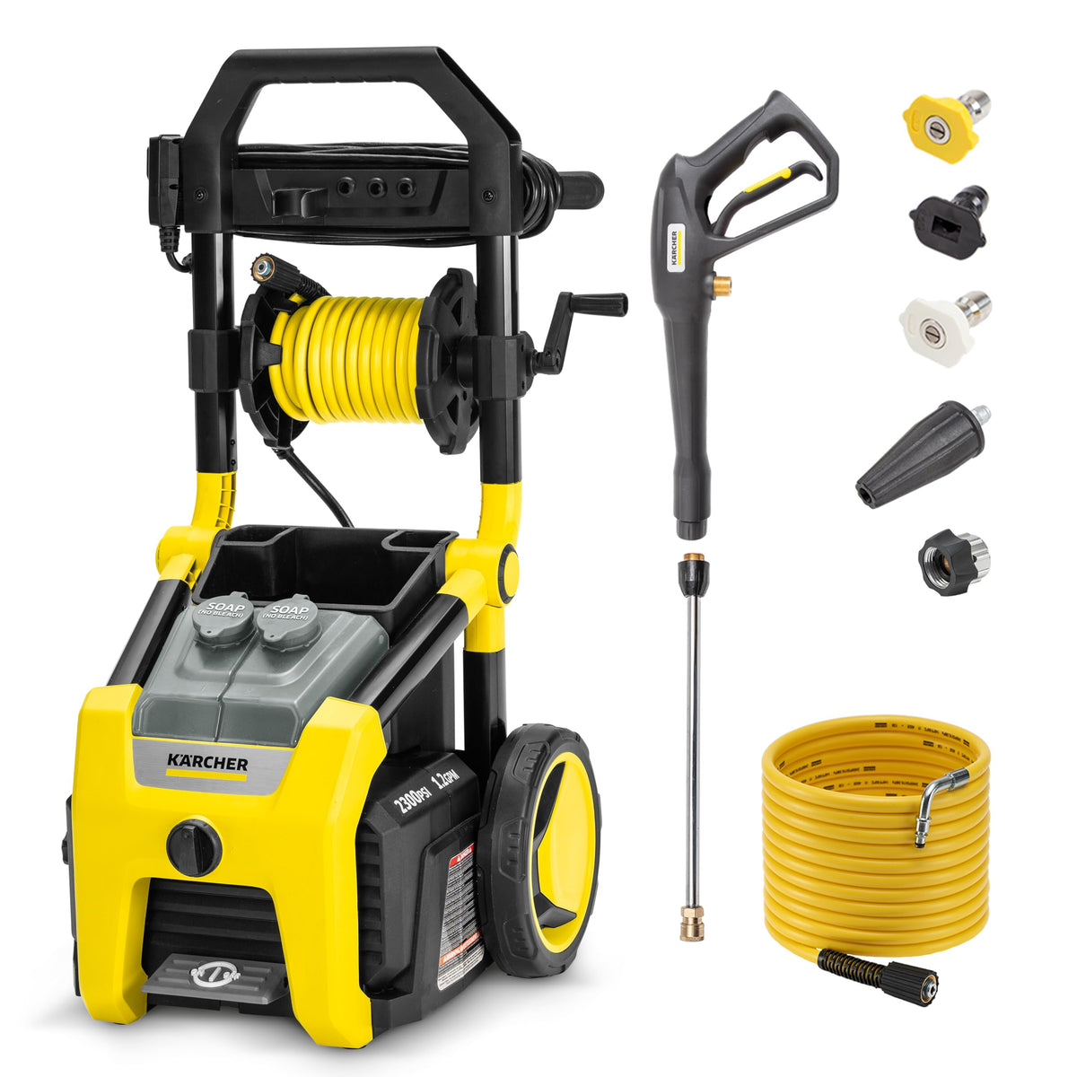 Kärcher K2300PS hose reel storage keeps hoses organized for quick cleanup.