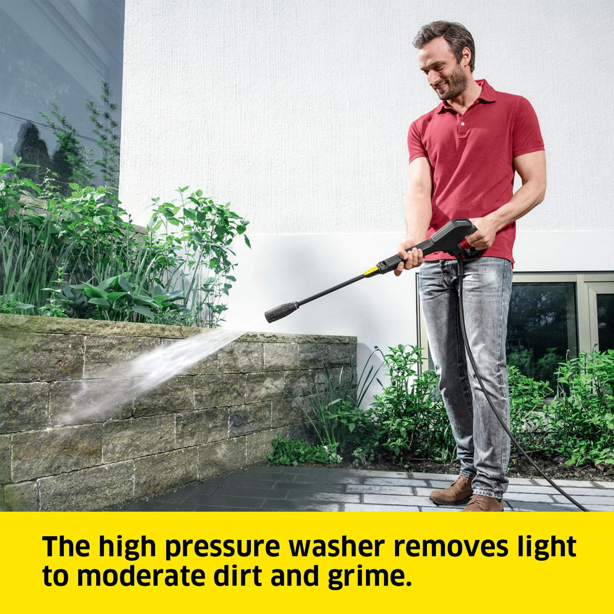 26-foot high-pressure hose extends reach for large areas