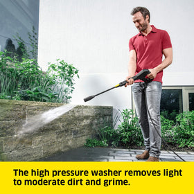 26-foot high-pressure hose extends reach for large areas