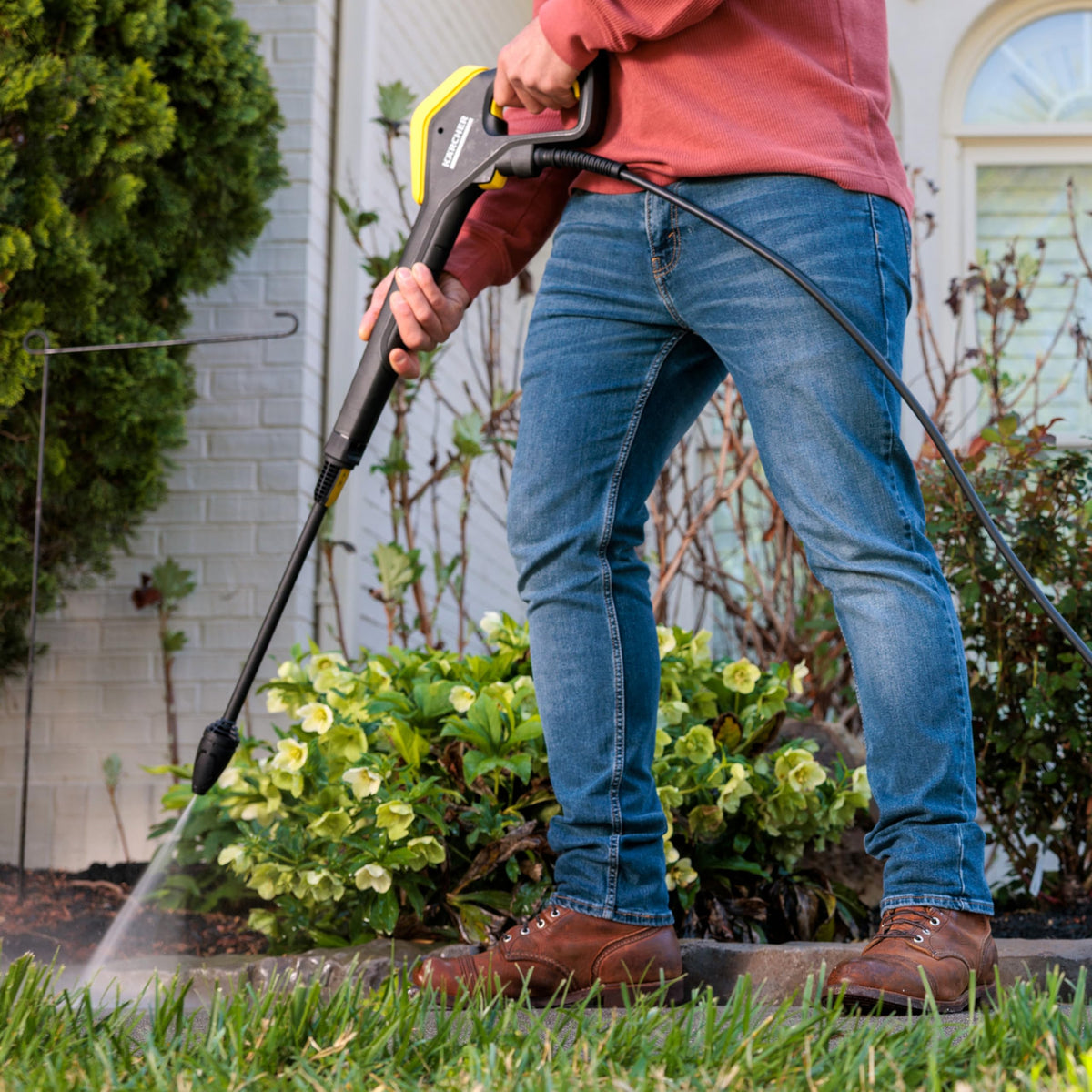 Karcher K5 32 ft hose reel offers extended reach for patios and driveways.