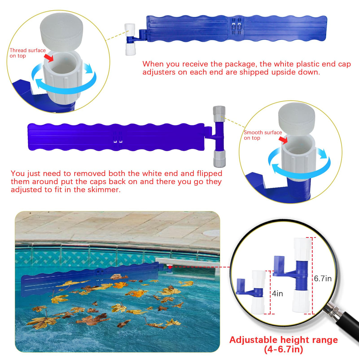 Kardeep skimmer arm end cap adjuster shown for easy repositioning.