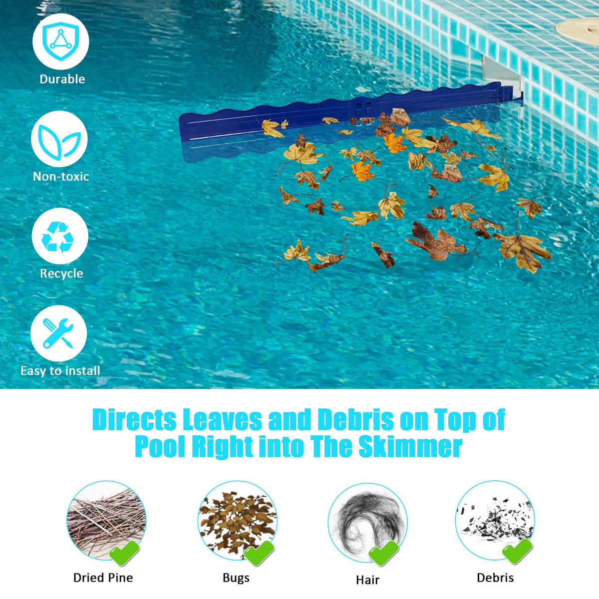 Kardeep pool skimmer arm in action with flowing water guiding leaves.