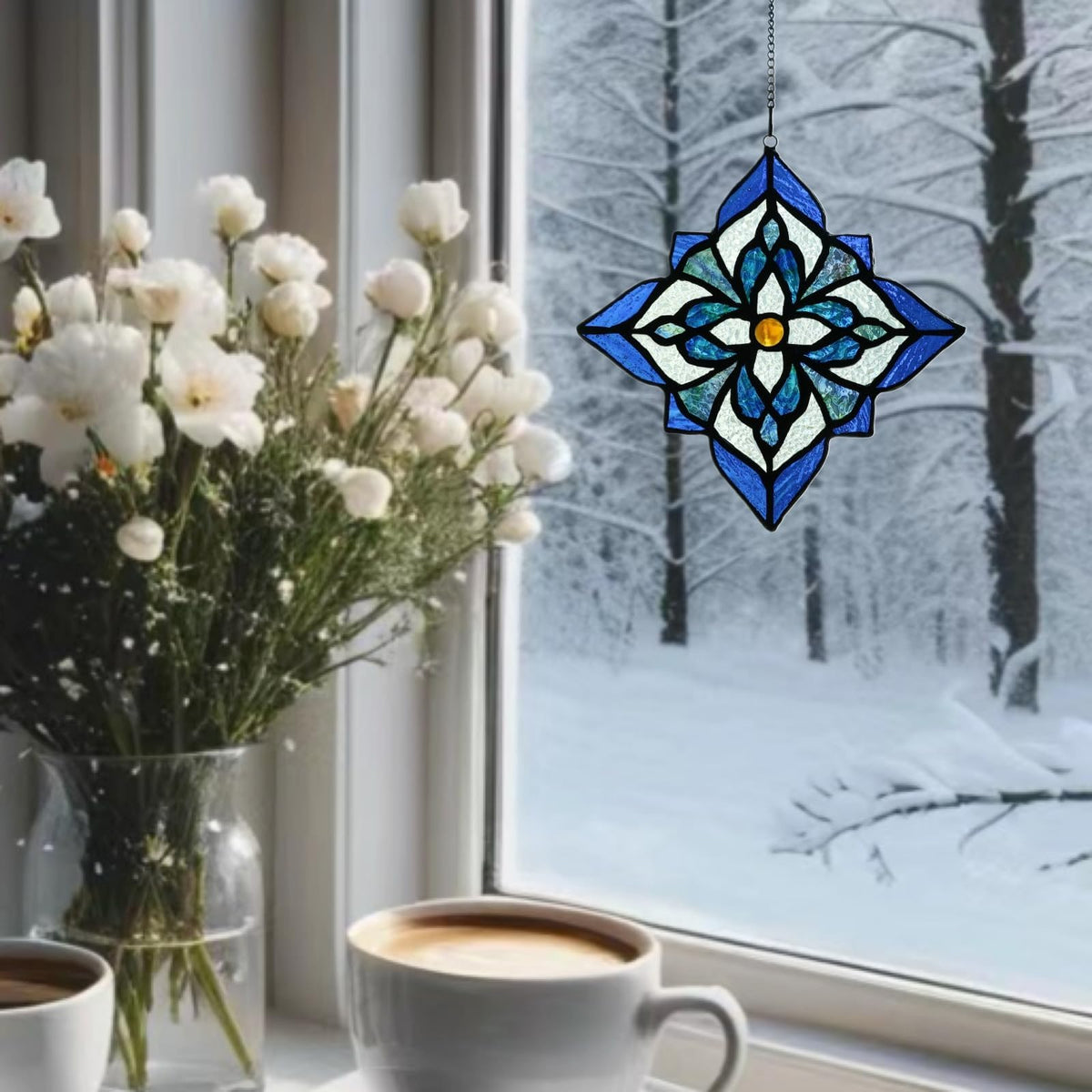 7-inch blue flower stained glass panel from Karhuimoyi enhances interiors