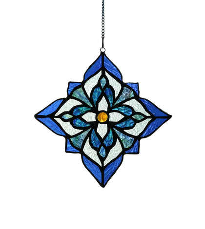 Karhuimoyi stained glass window hanging blue art flower glows in sunlight, brightening spaces