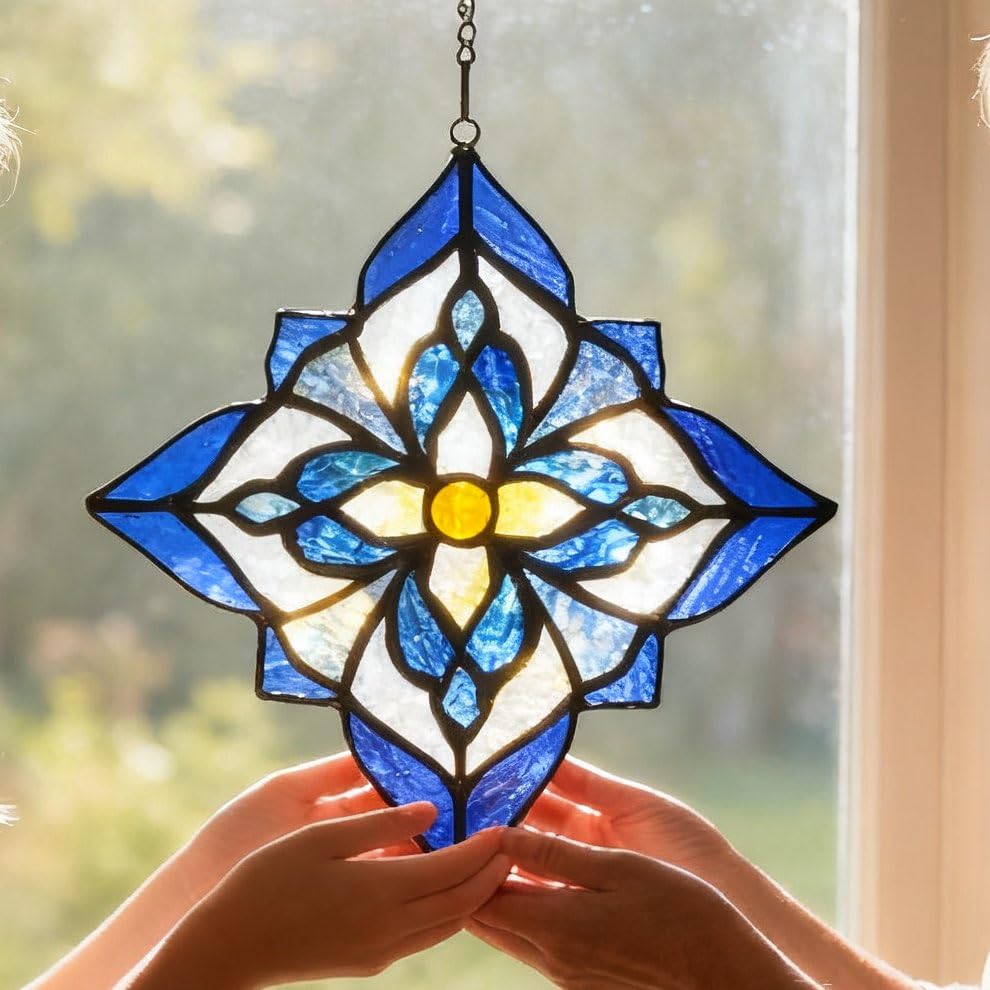 Karhuimoyi Tiffany-style suncatcher blue flower panel for warm window glow