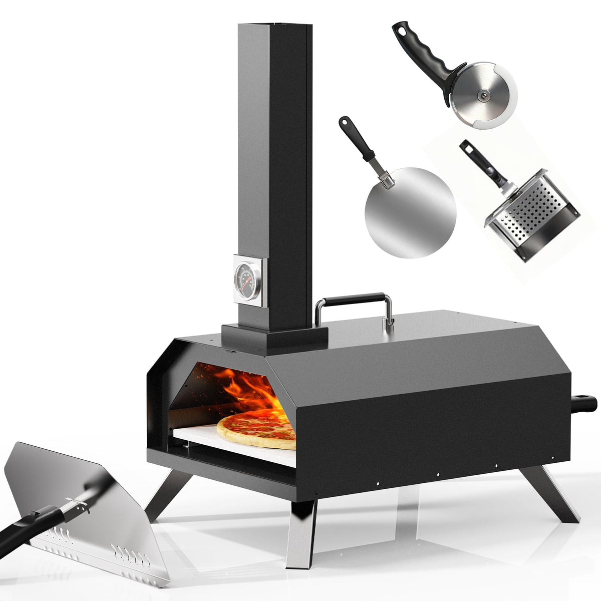 Karienvir pizza oven front view highlighting portable backyard design