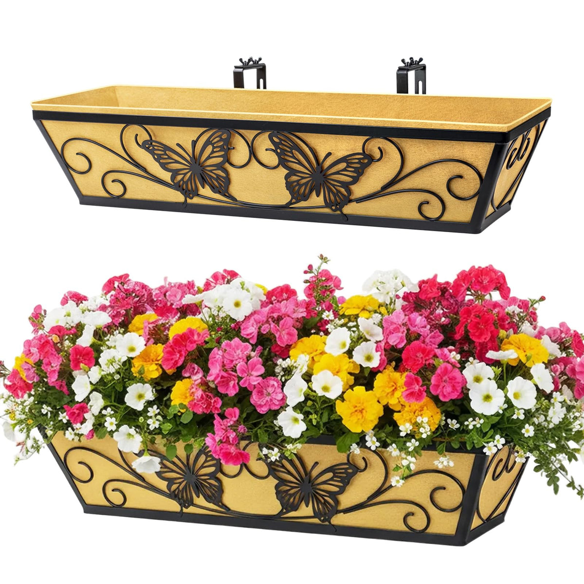 Karlliu 2-pack window box planters with brackets, front view, durable black finish for outdoor use.