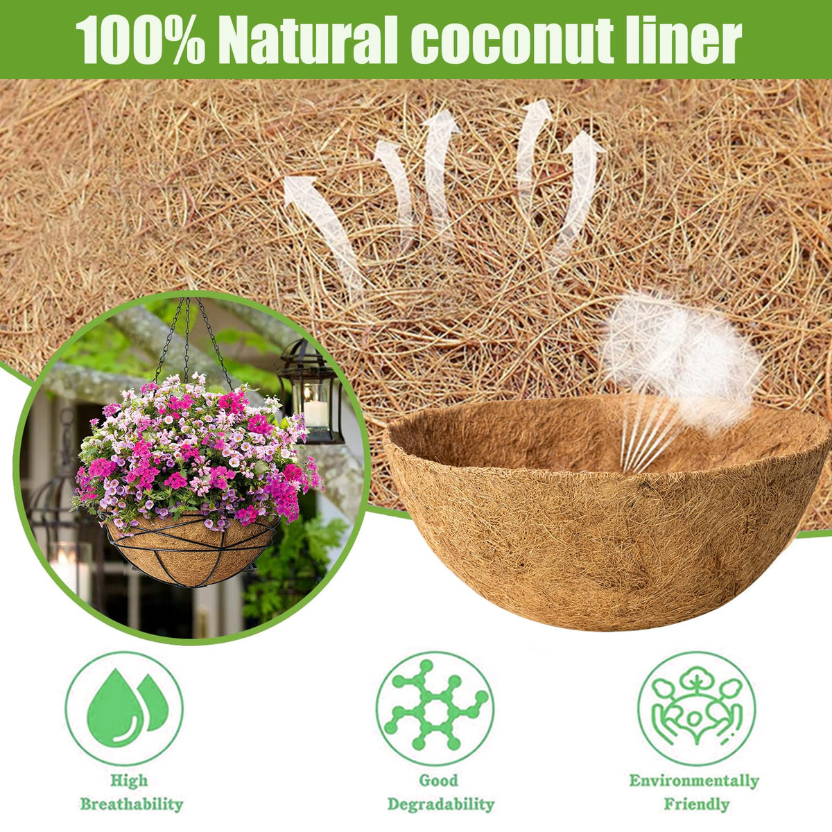 Karlliu breathable coco liner illustrating improved airflow and moisture balance for plants.