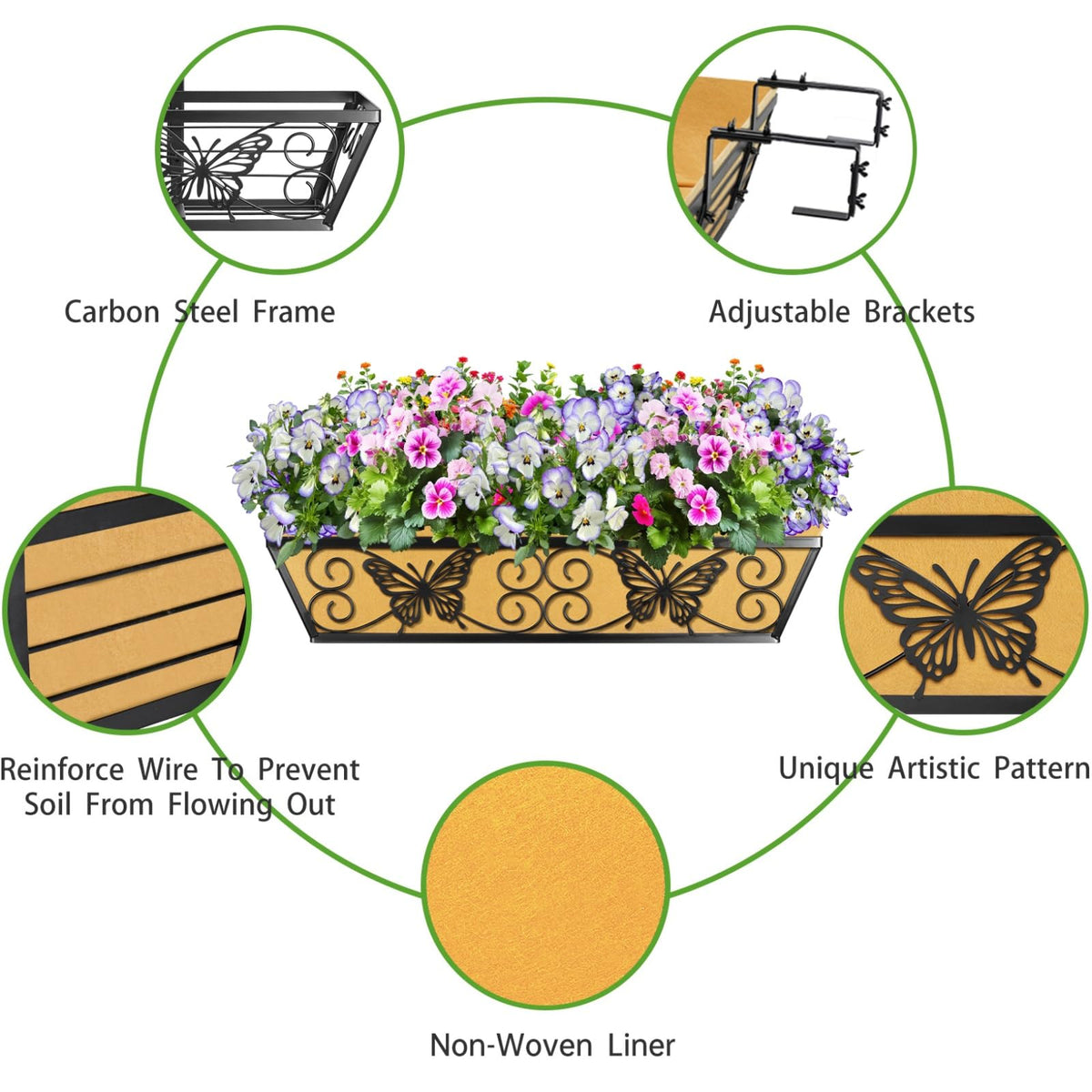 Karlliu heavy metal frame provides durable support for seasonal plants on rails and fences