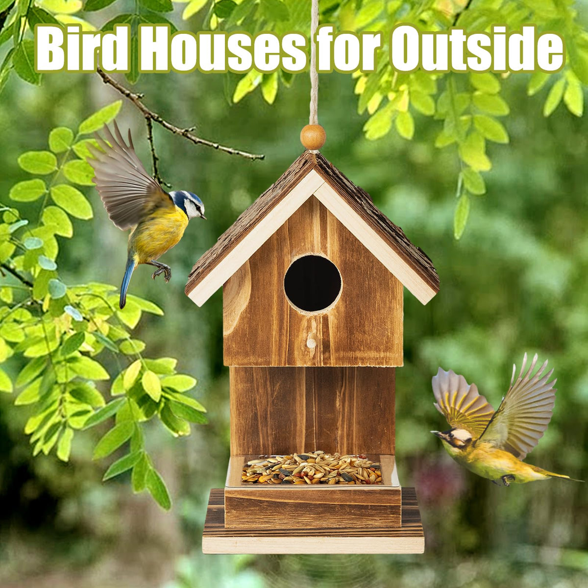 Karlliu natural wood birdhouse adds rustic charm to any country garden.