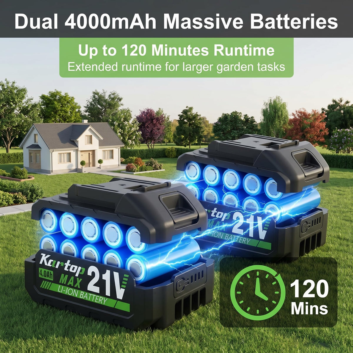 Kartop hedge trimmer showing dual 4000mAh batteries for longer runtime.