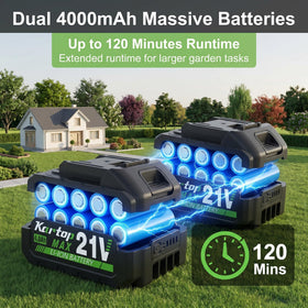 Kartop hedge trimmer showing dual 4000mAh batteries for longer runtime.