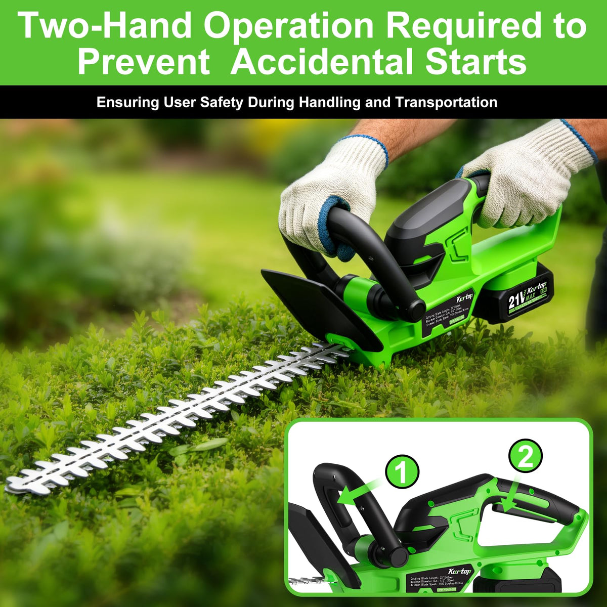 Kartop trimmer with two-hand start for enhanced user safety.