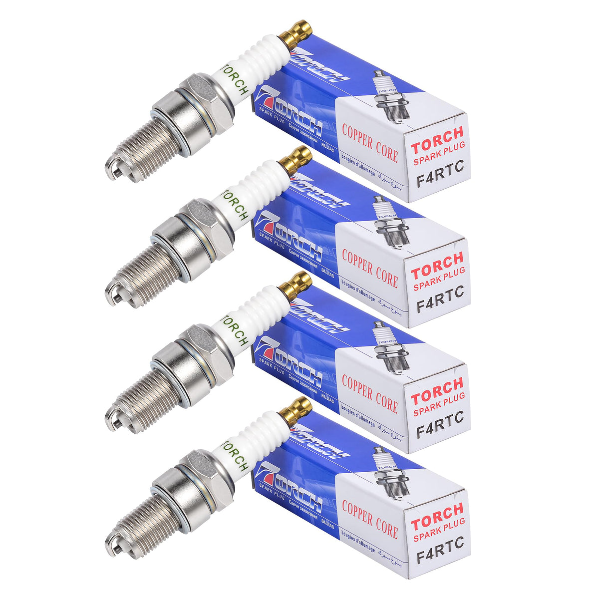 Karvayna F4RTC spark plug closeup shows precision tip for reliable ignition.