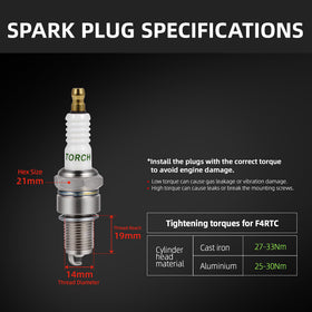 Karvayna F4RTC spark plug compatibility with John Deere and Toro mowers.