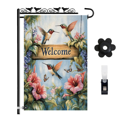 KarvePro welcome hummingbird flag featuring a bright hummingbird for outdoor décor.