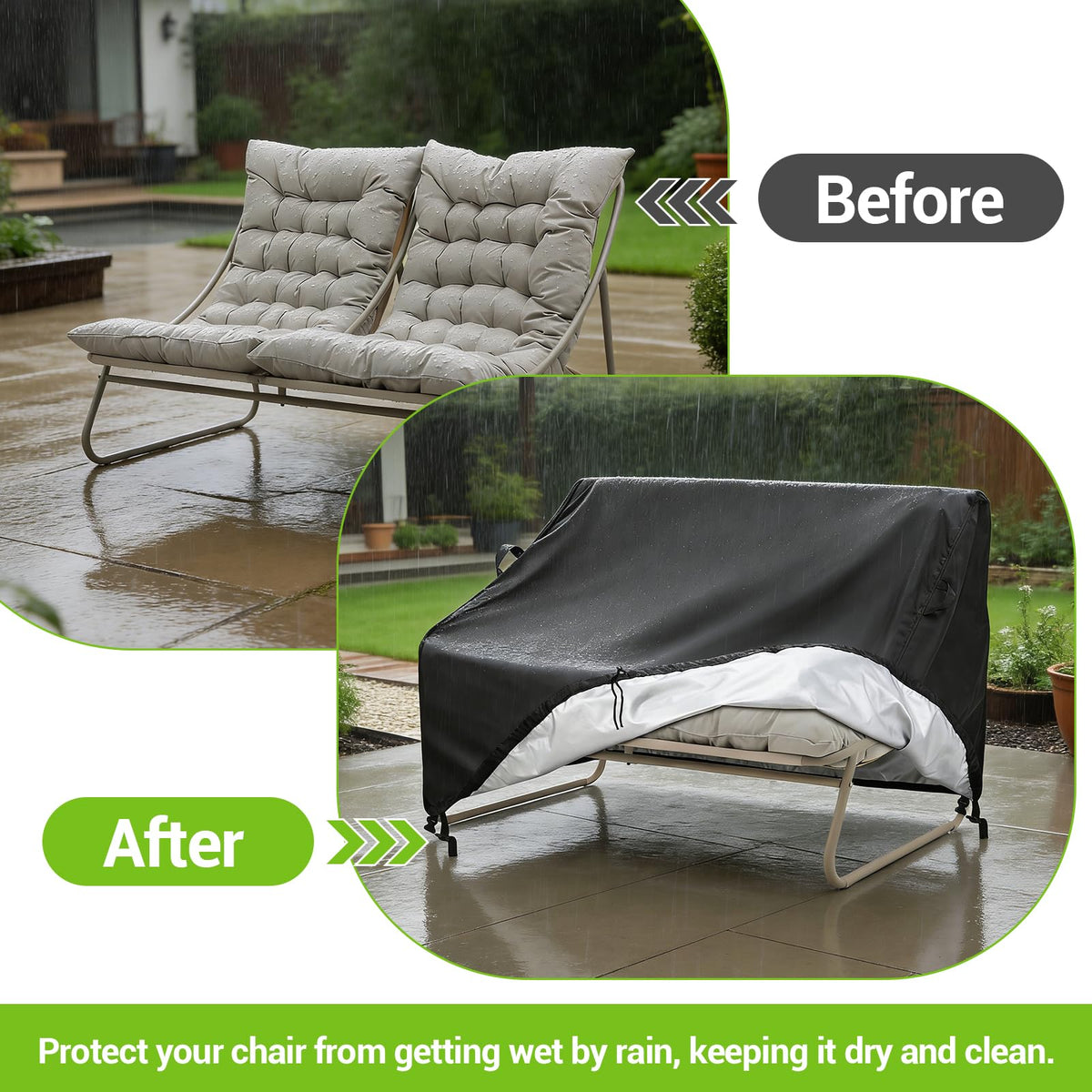 Kasla Patio Double Chair Cover has a stain-resistant surface that's easy to wipe clean.