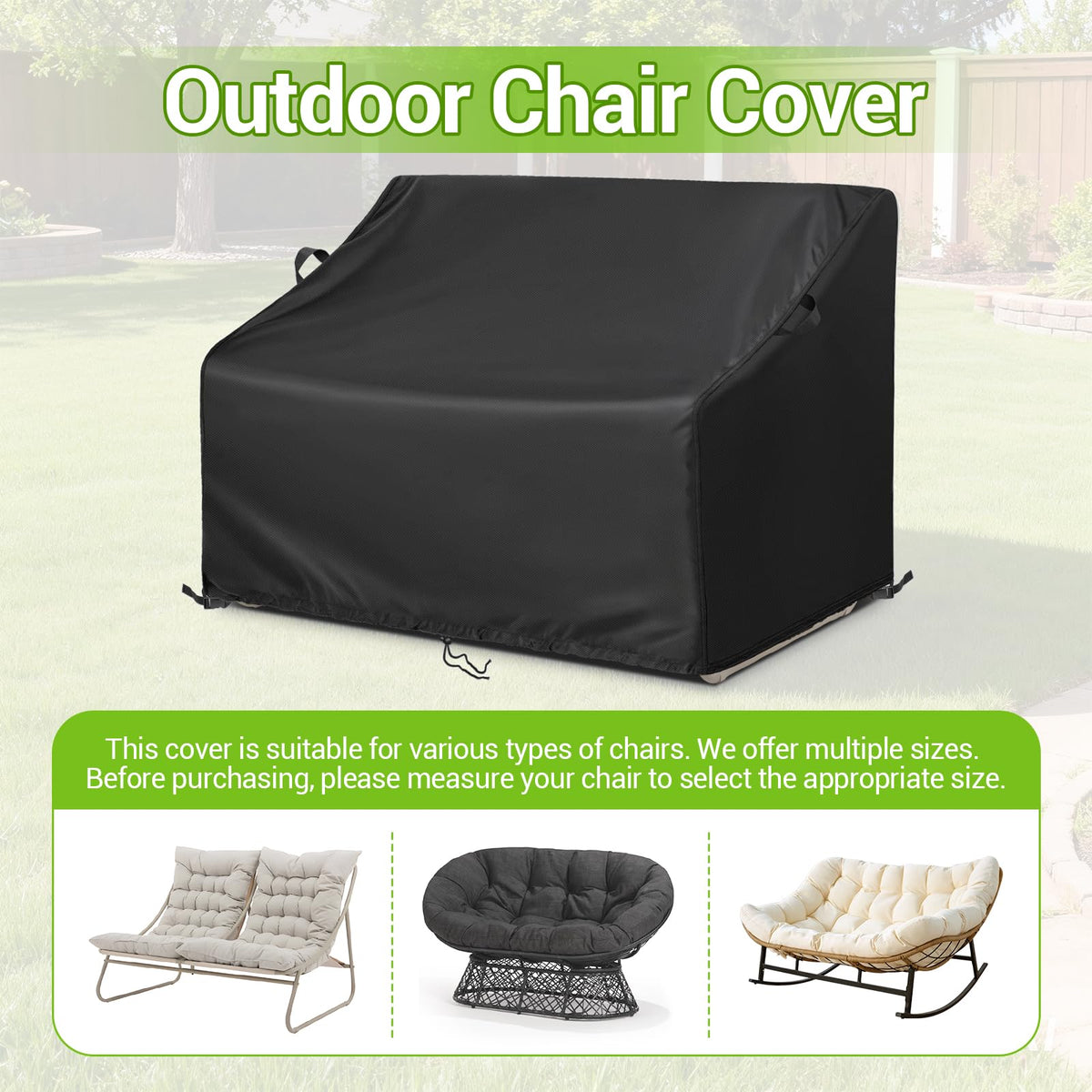 Kasla Patio Double Chair Cover includes top handles for easy installation and removal.