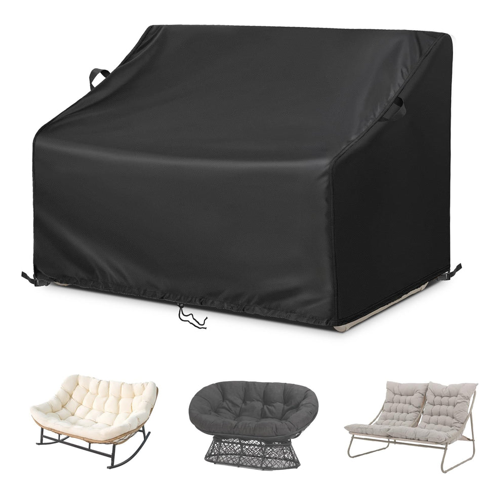 Kasla Patio Double Chair Cover provides waterproof protection for outdoor furniture.