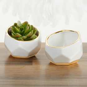 Kate Aspen geometric ceramic planter white, top-view highlights the faceted texture.