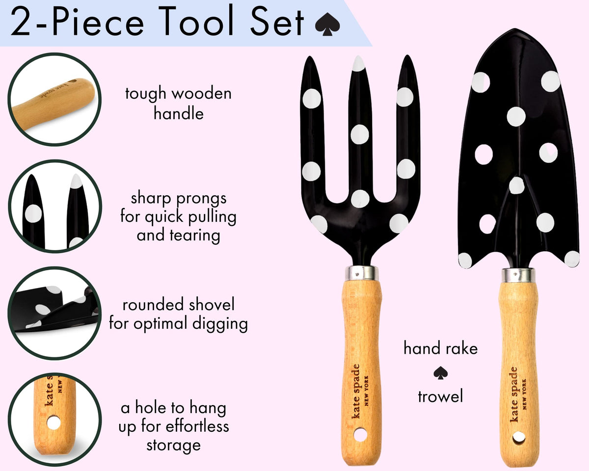 Kate Spade New York garden tools hung from hanging holes for storage.