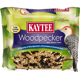 Kaytee Woodpecker Mini Seed Cake packaging highlights premium ingredients for attracting woodpeckers