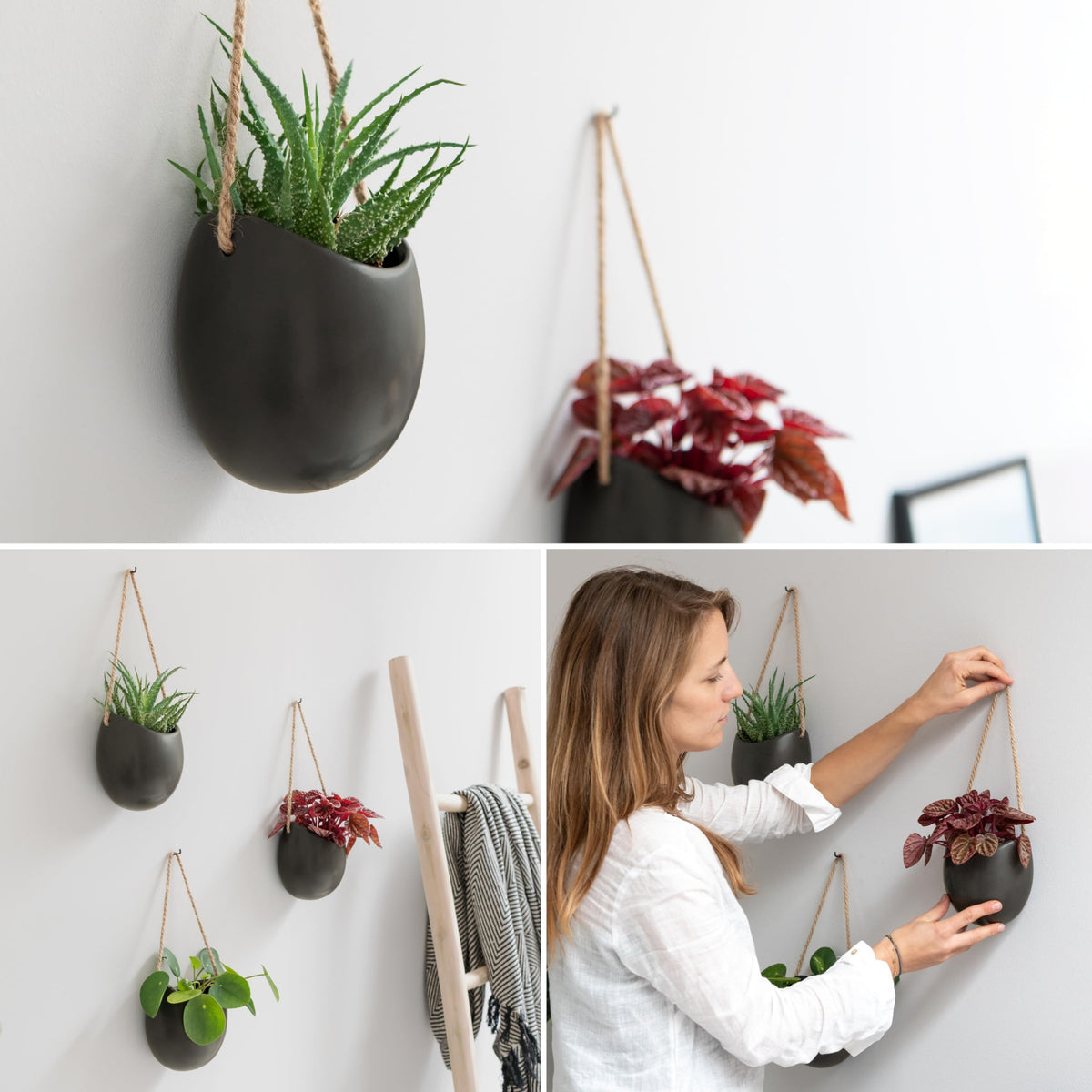 Kazai Ellie hanging planters shown in a vertical layout, saving wall space.