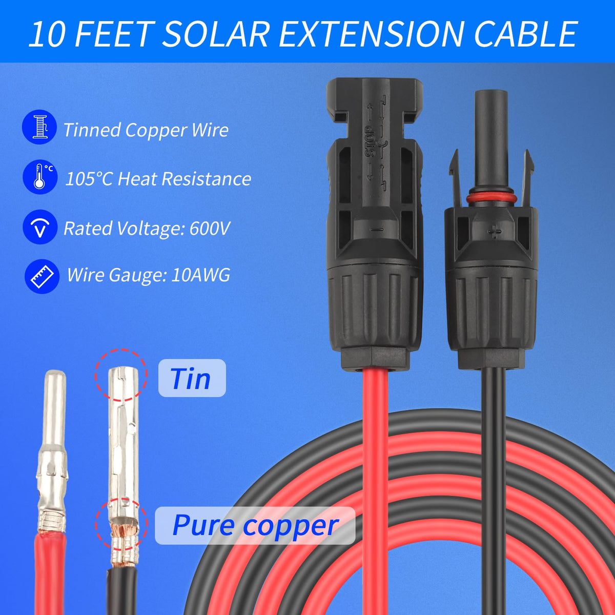 kbaoele 10awg solar wire with tinned copper, low resistance
