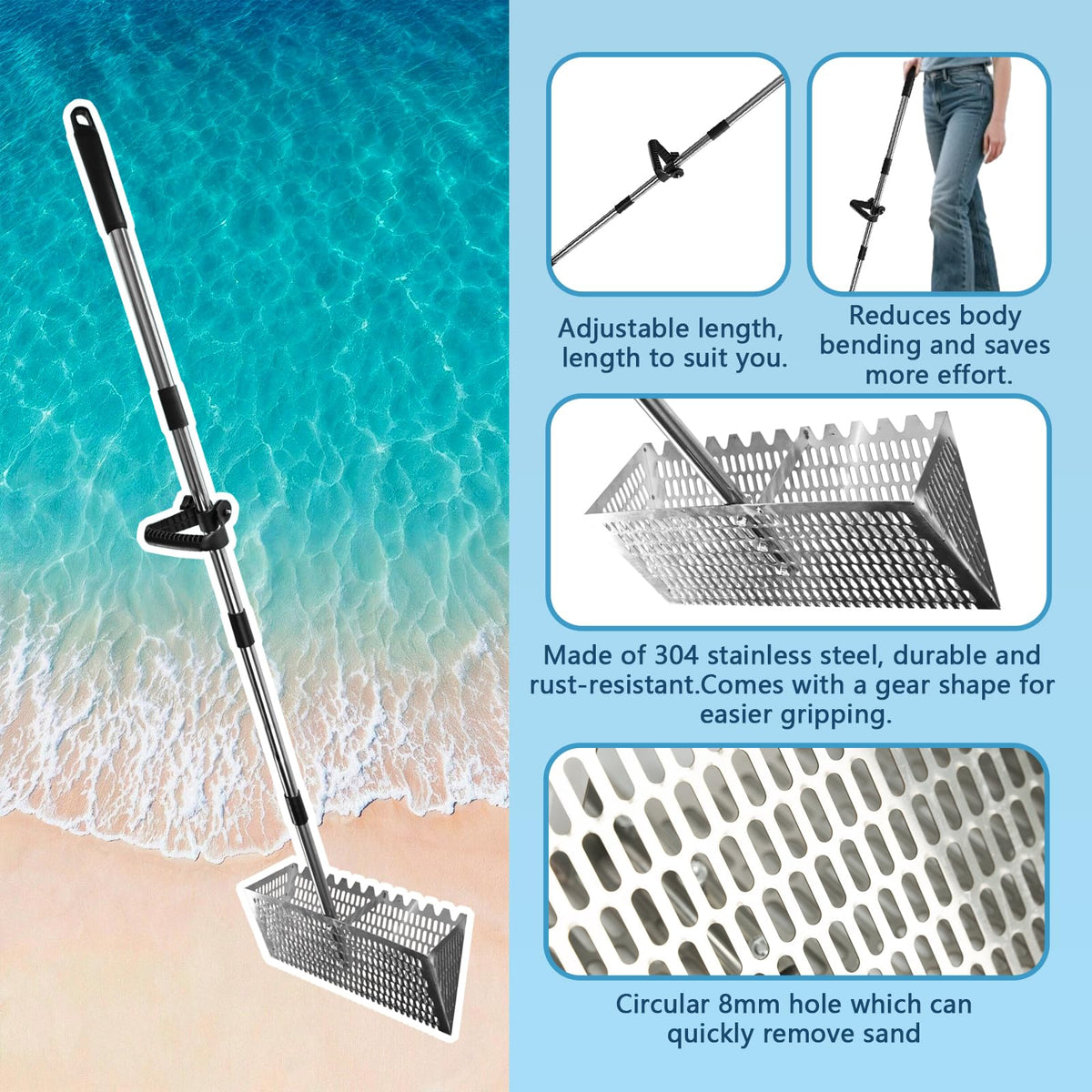 kbishtie ergonomic long-handle design reduces fatigue during long beach sessions