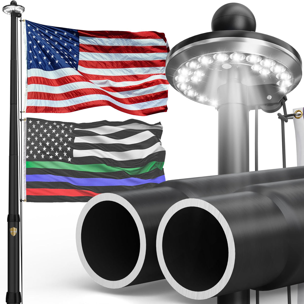 KBLOONG 25FT flag pole base provides wind-stable support.