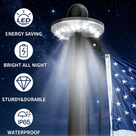 KBLOONG solar light on flag pole illuminates at night for visibility.