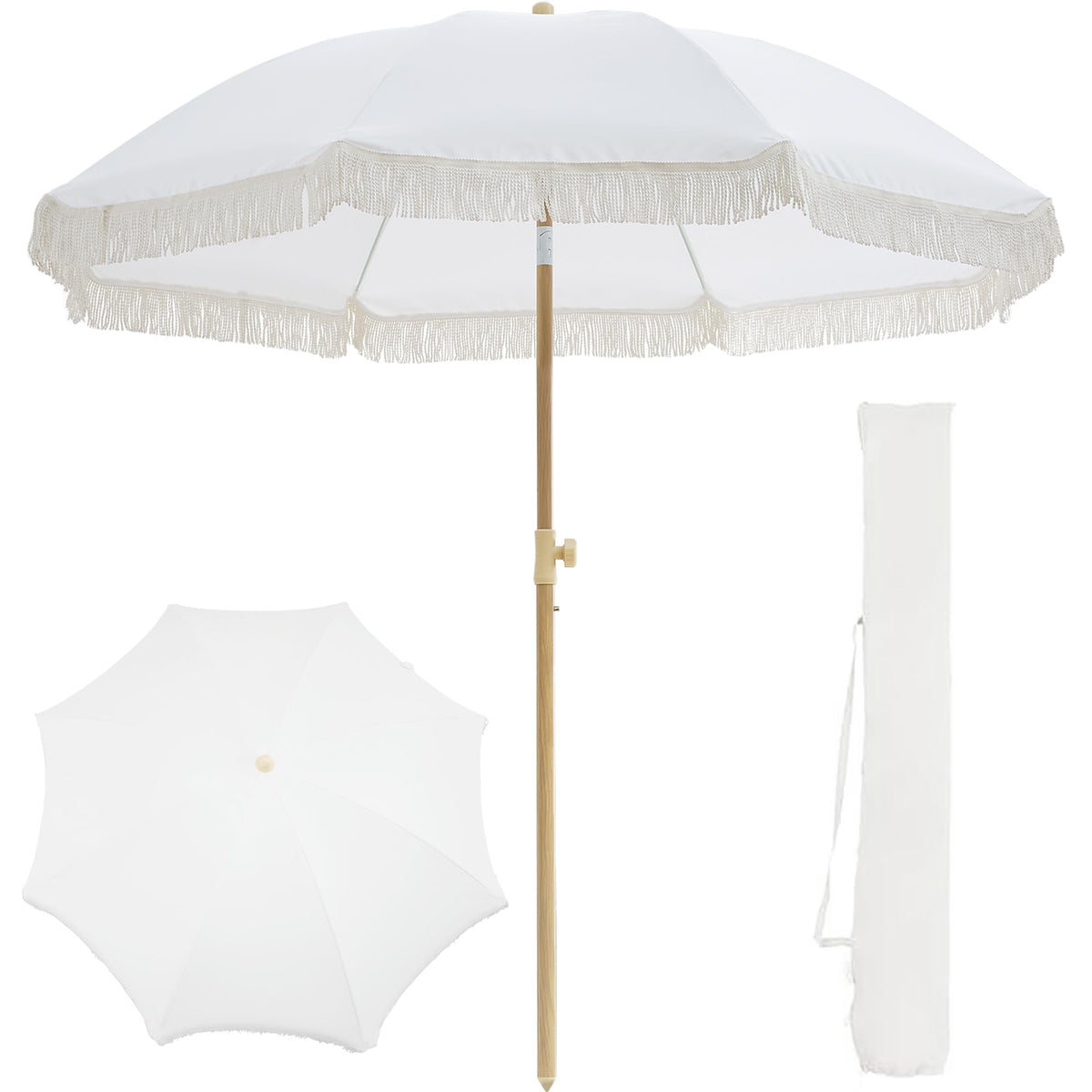 Kbrellaoutlets 7FT boho fringe cream umbrella close-up for stylish shade