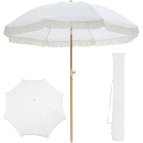Kbrellaoutlets 7FT boho fringe cream umbrella close-up for stylish shade