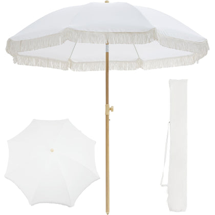 Kbrellaoutlets 7FT boho fringe cream umbrella close-up for stylish shade