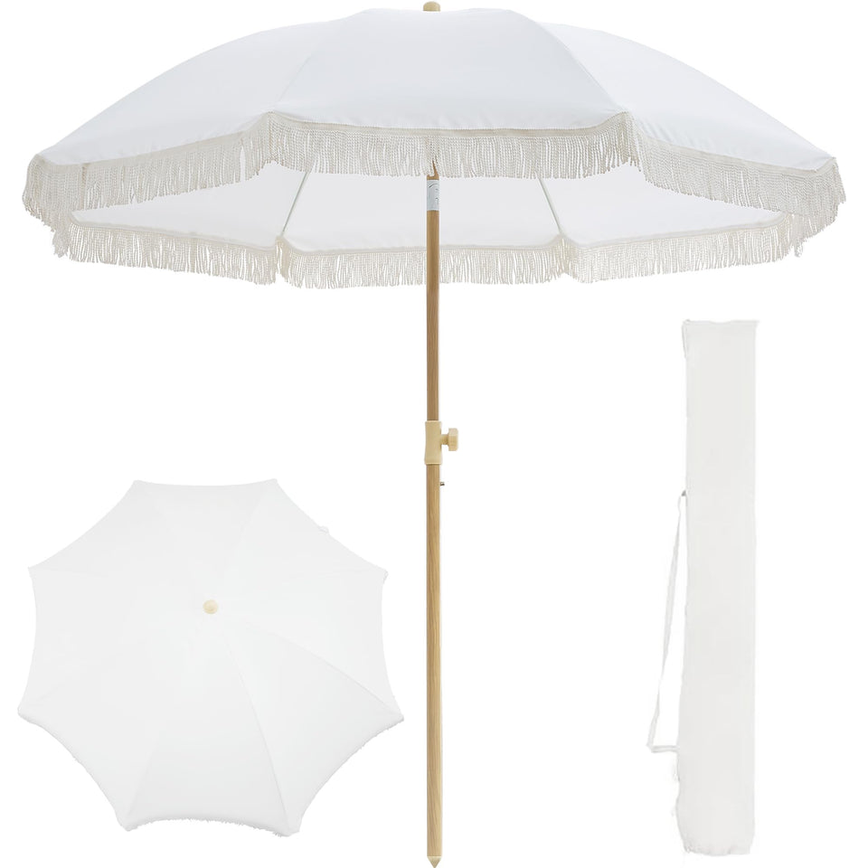Kbrellaoutlets 7FT boho fringe cream umbrella close-up for stylish shade
