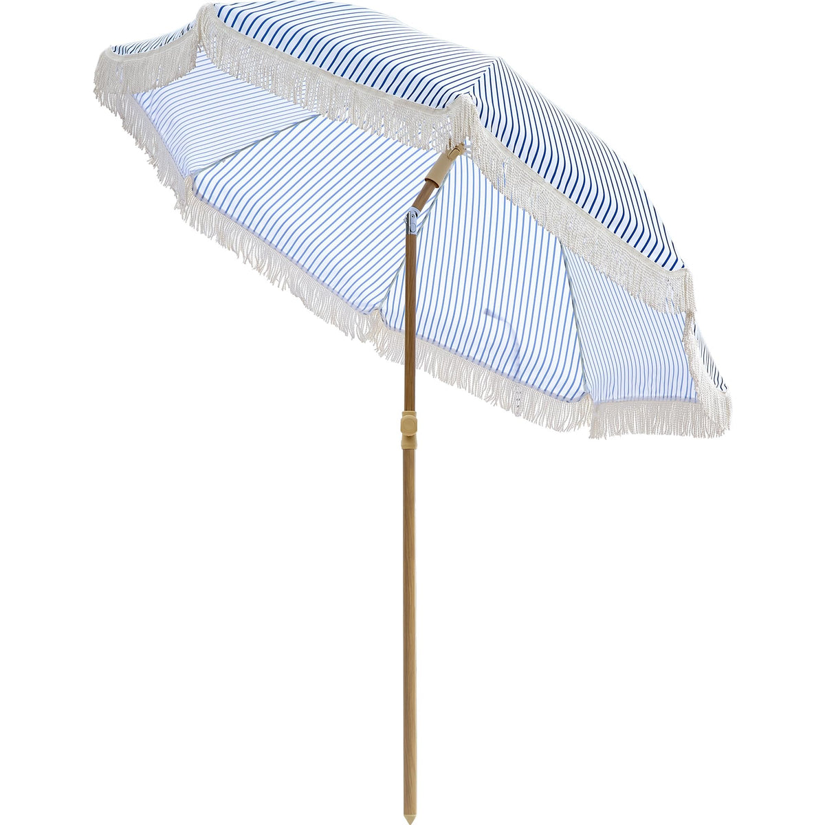 Kbrellaoutlets patio umbrella with blue pinstripe canopy provides stylish outdoor shade.
