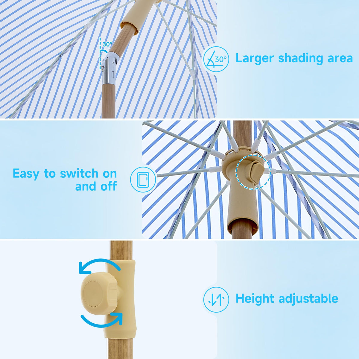 Kbrellaoutlets patio umbrella tilt push-button allows easy shade adjustment.