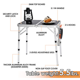 Kcmploro lightweight table with built-in carry handle for portability.