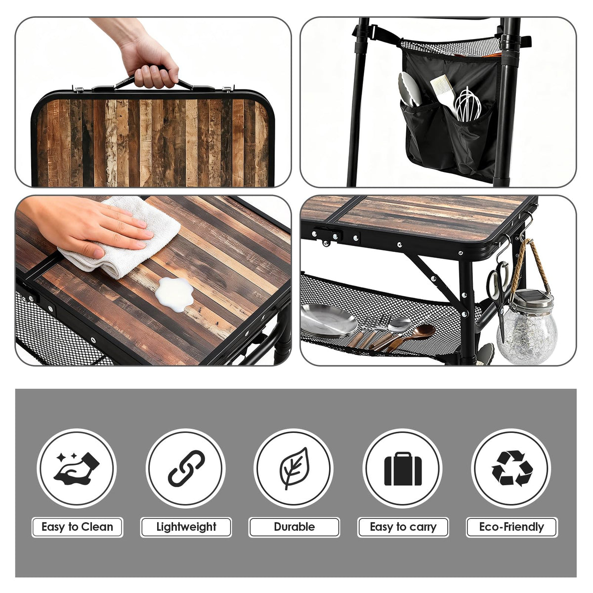 Kcmploro foldable table offers mesh storage and hooks for tools.