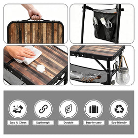 Kcmploro foldable table offers mesh storage and hooks for tools.