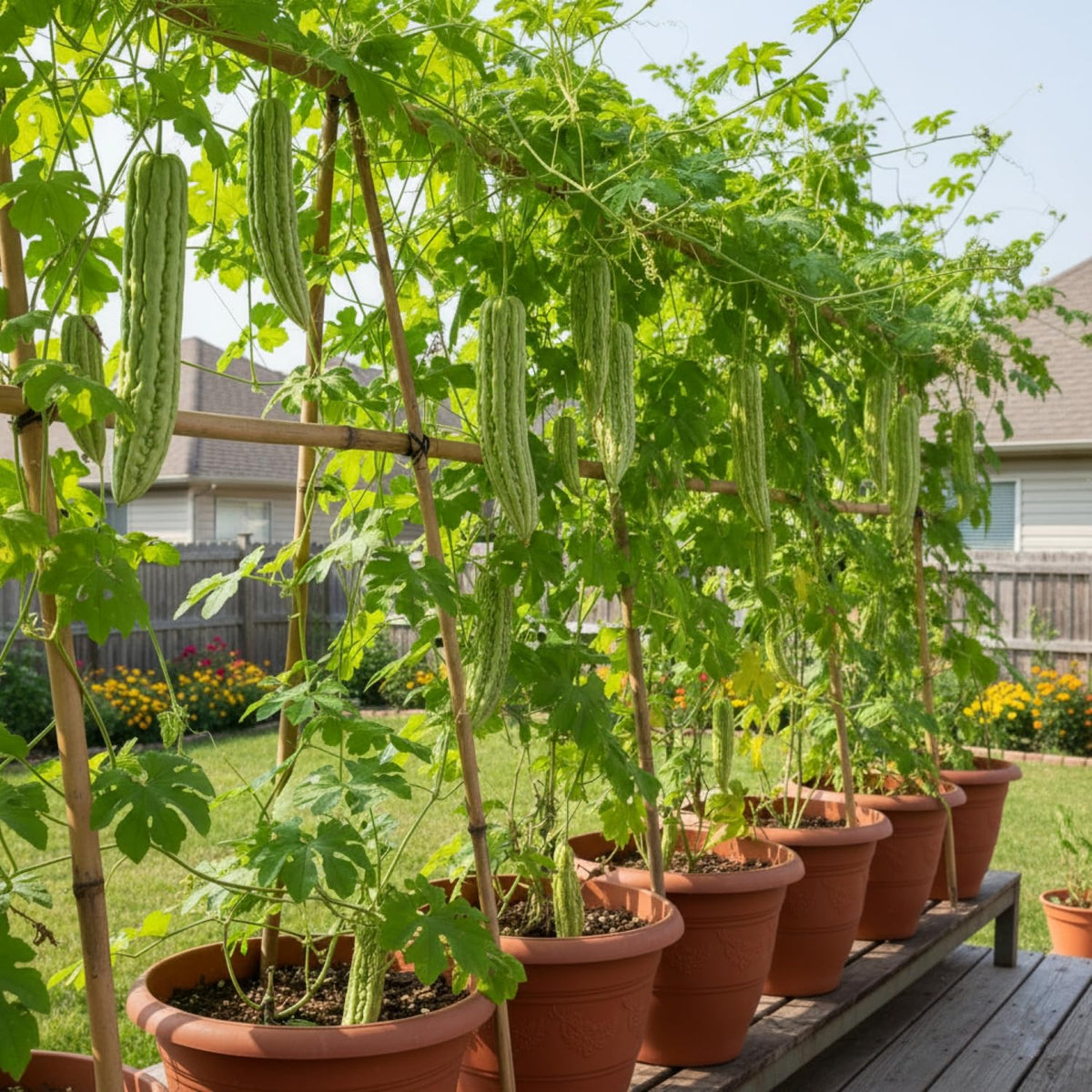 Bitter gourds maturing, ready for harvest in home garden